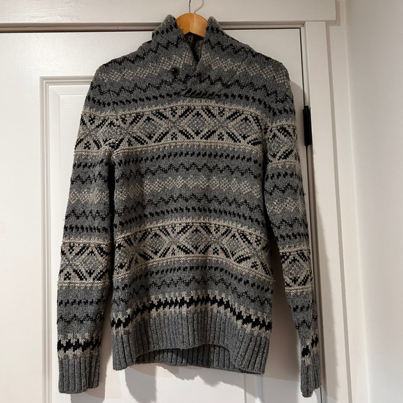 VTG Abercrombie Fitch Merino Wool Mens Fair Isle Shawl Collar Sweater Medium Ski